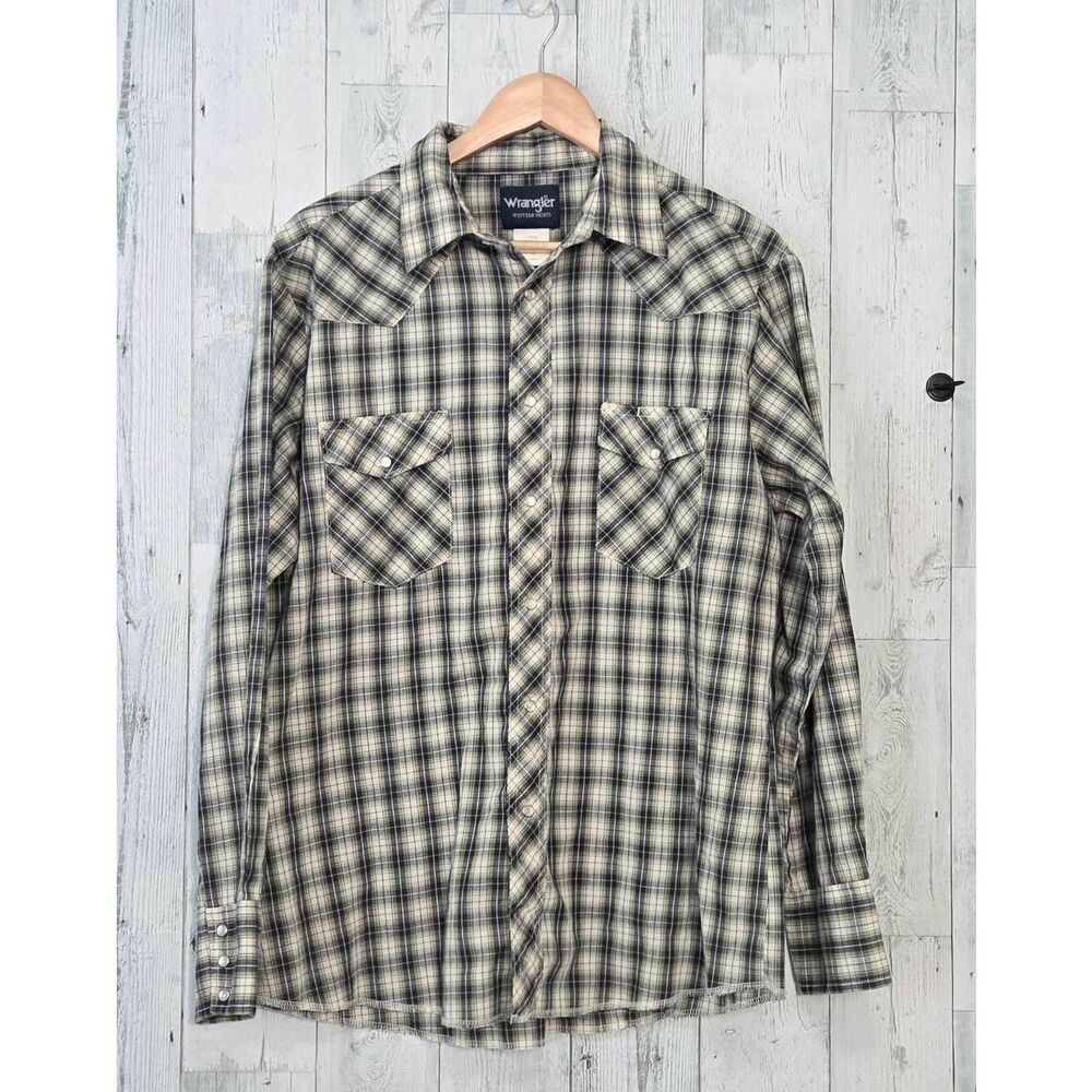 VTG Wrangler Western Pearl Snap Plaid Button Up Shirt Sz. L